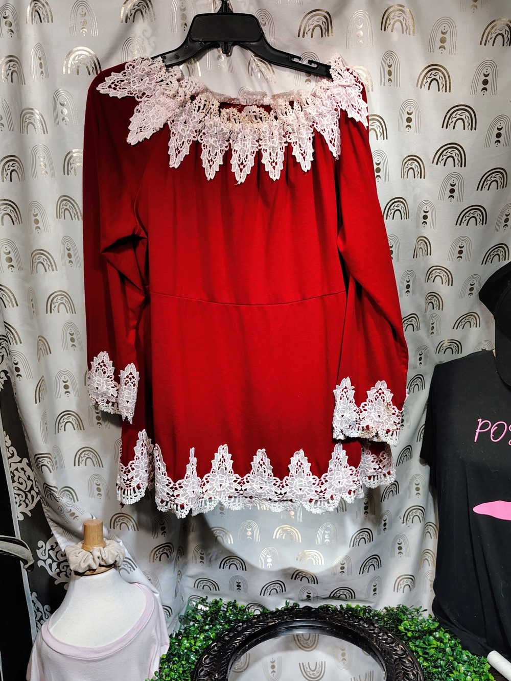 Red Lace-Trim Long Sleeve Women's Top